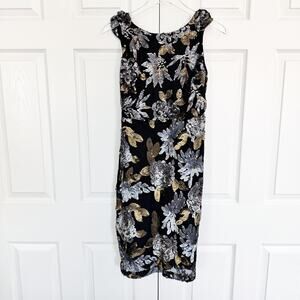 Eva Franco Gatsby Gold Sequin Floral Sheath Dress Black Mesh Cocktail